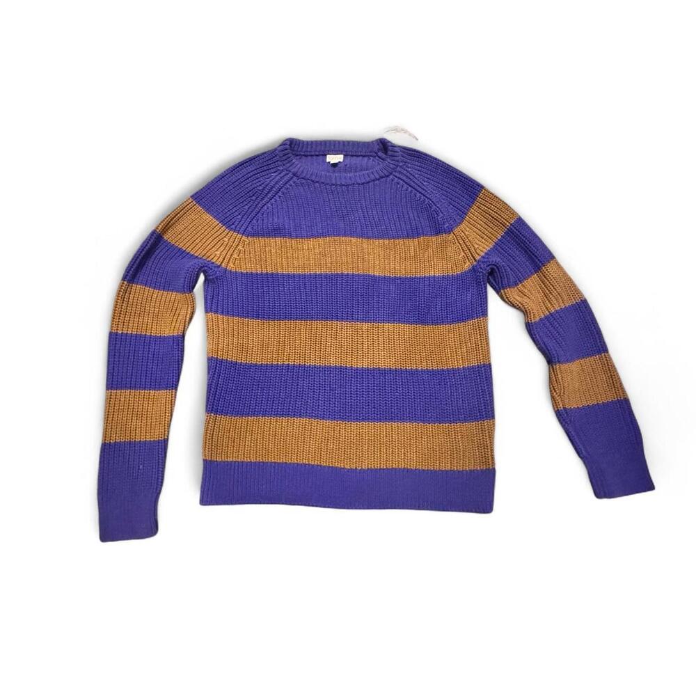 J Crew Shaker Stitch Chunky Knit Purple and Brown Striped Fisherman's Sweater